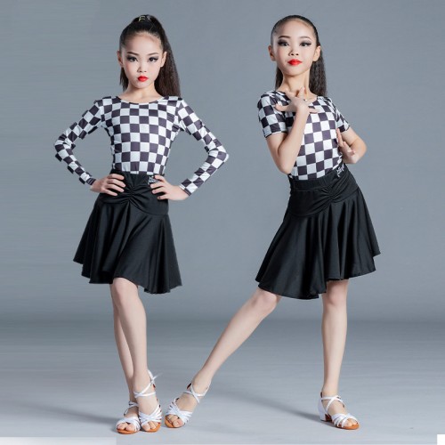 Girls kids white with black plaid latin dance dresses professional stage performance latin ballroom performance costumes for children